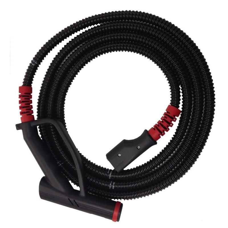 The Diversey Deutschland GmbH & Co. OHG steam hose for TASKI SO4 (4m, incl. gun) is a black spiral hose with red accents, handle, and connection ends, for cleaning devices like the SO4, depicted on a white background.