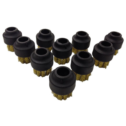 Eine Bronzebürste für TASKI SO4 (nur Dampf) von Diversey Deutschland GmbH & Co. OHG zum Aufstecken auf eine Dampfdüse, mit schwarzem Kunststoffaufsatz, in Dreiecksform angeordnet auf weißem Hintergrund.