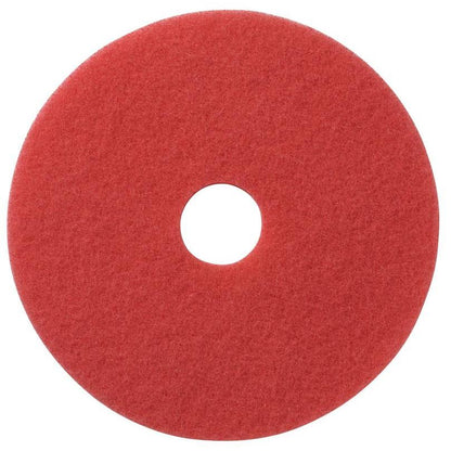 The TASKI Americo Pad Red Euro from Diversey is a round cleaning pad with a hole, developed for efficient dirt removal and depicted here from above on a white background.