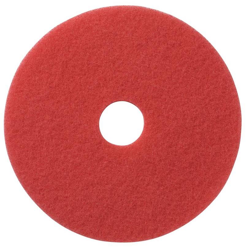 The TASKI Americo Pad Red Euro maintenance cleaning pad from Diversey Deutschland GmbH & Co. OHG is a red, round pad with a central hole for efficient dirt removal, shown from above on a white background.