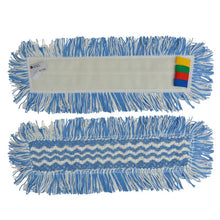 Two TASKI Jonmaster Ultra HD Steam Mop Cleaning Cloths from Diversey Germany: front with zigzag pattern for stubborn dirt, back pocket with colored labels (yellow, green, red, blue) and blue as well as white fringes.