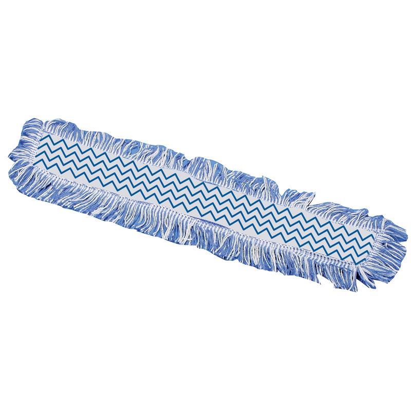 The rectangular blue-white TASKI Jonmaster Ultra HD Damp Mop from Diversey Deutschland GmbH & Co. OHG with fringes at the edges and a zigzag pattern in the center on a white background.
