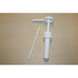 A white hand pump for 5l canisters (20ml stroke, 38mm thread) from Diversey Deutschland GmbH & Co. OHG with a straight riser is placed on light wood - ideal for decanting into smaller containers. Package: 3 pieces.