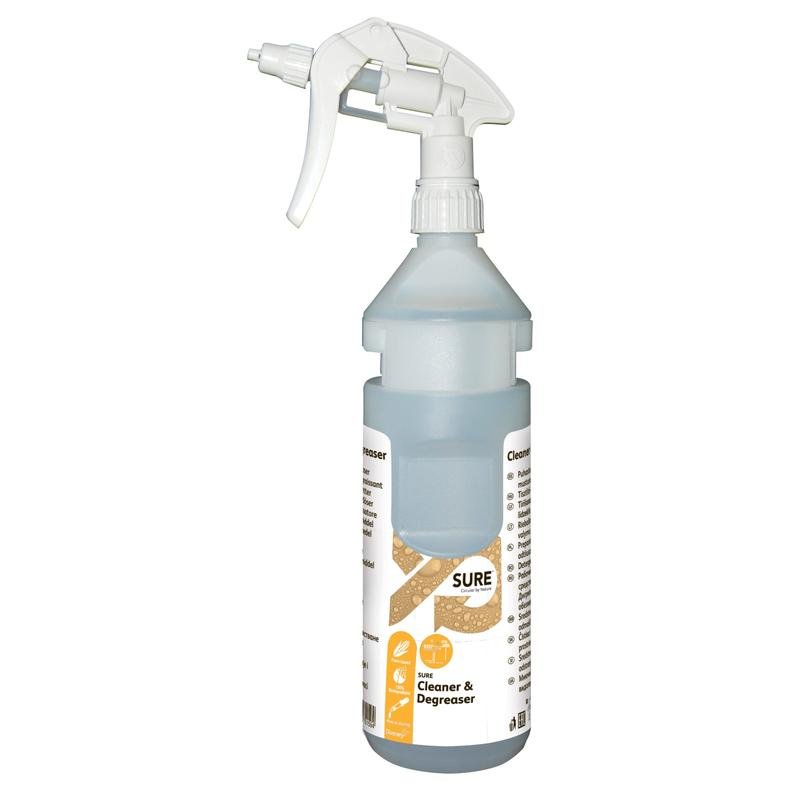 A transparent 0.75l "SURE Cleaner & Degreaser" refill bottle from Diversey Deutschland GmbH & Co. OHG, incl. dispenser tape, suitable for Divermite and DQFM; contains biodegradable, environmentally friendly cleaning agent.