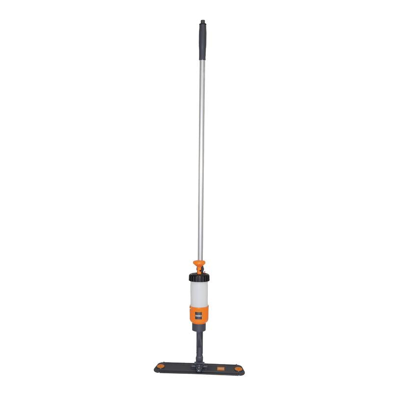 The TASKI VersaPlus 2.0 spray mop device 40cm from Diversey Germany features a silver handle, orange pump, Velcro holder, and pressure bottle for efficient cleaning and versatile use (1 piece).
