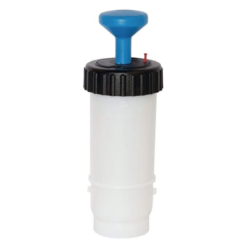 The TASKI VersaPlus 2.0 bottle 0.6 L blue from Diversey is a 600 ml pressure bottle made of white plastic with a black screw cap, blue T-handle, and red indicator, designed for the TASKI VersaPlus 2.0 cleaning system (1 piece).