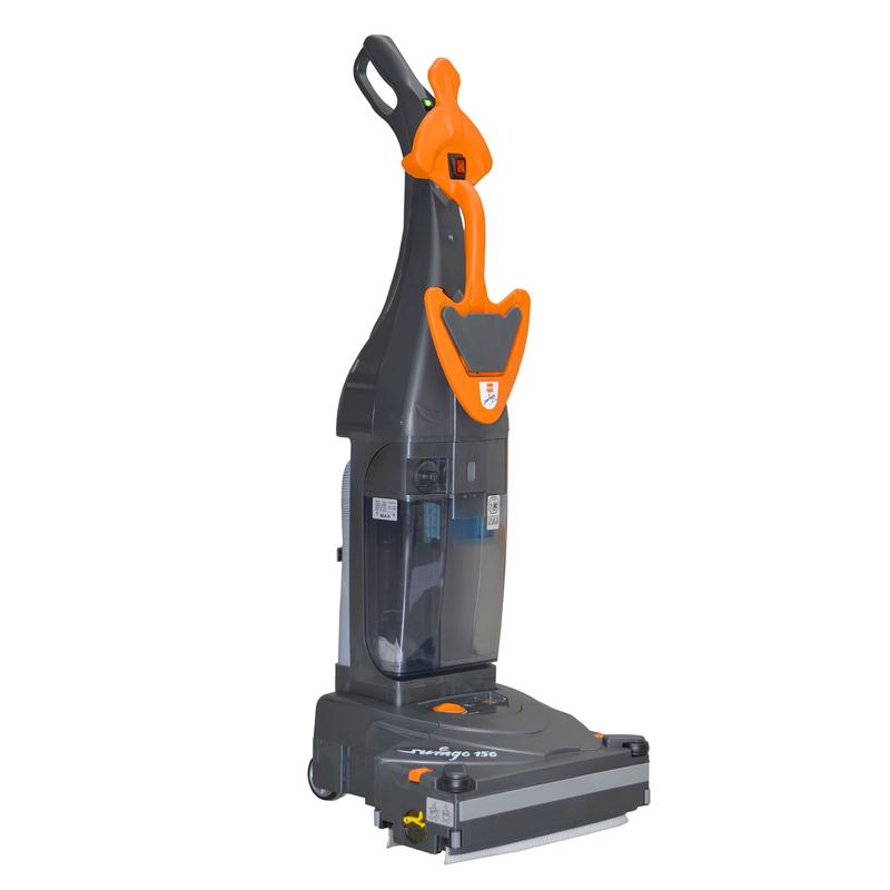 A black and orange TASKI swingo 150 B Li-Ion from Diversey, an ultra-compact, battery-powered scrubber-dryer with lithium-ion technology and a roller brush, is depicted on a white background.