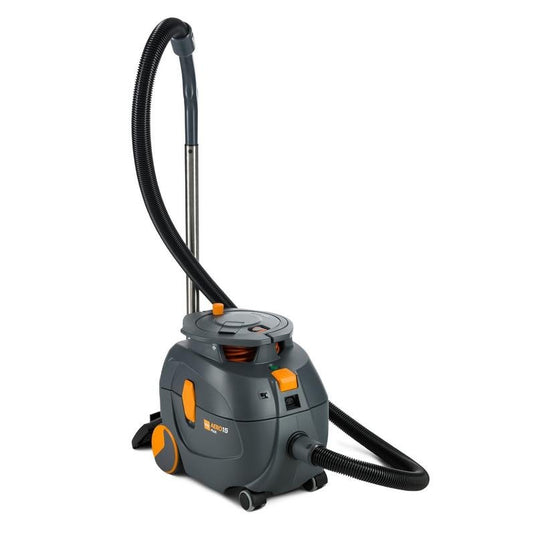 The TASKI AERO 15 PLUS from Diversey Deutschland GmbH & Co. OHG is a compact, powerful, and quiet wet/dry vacuum cleaner with one accessory, ideal for quiet cleaning, pictured against a white background.