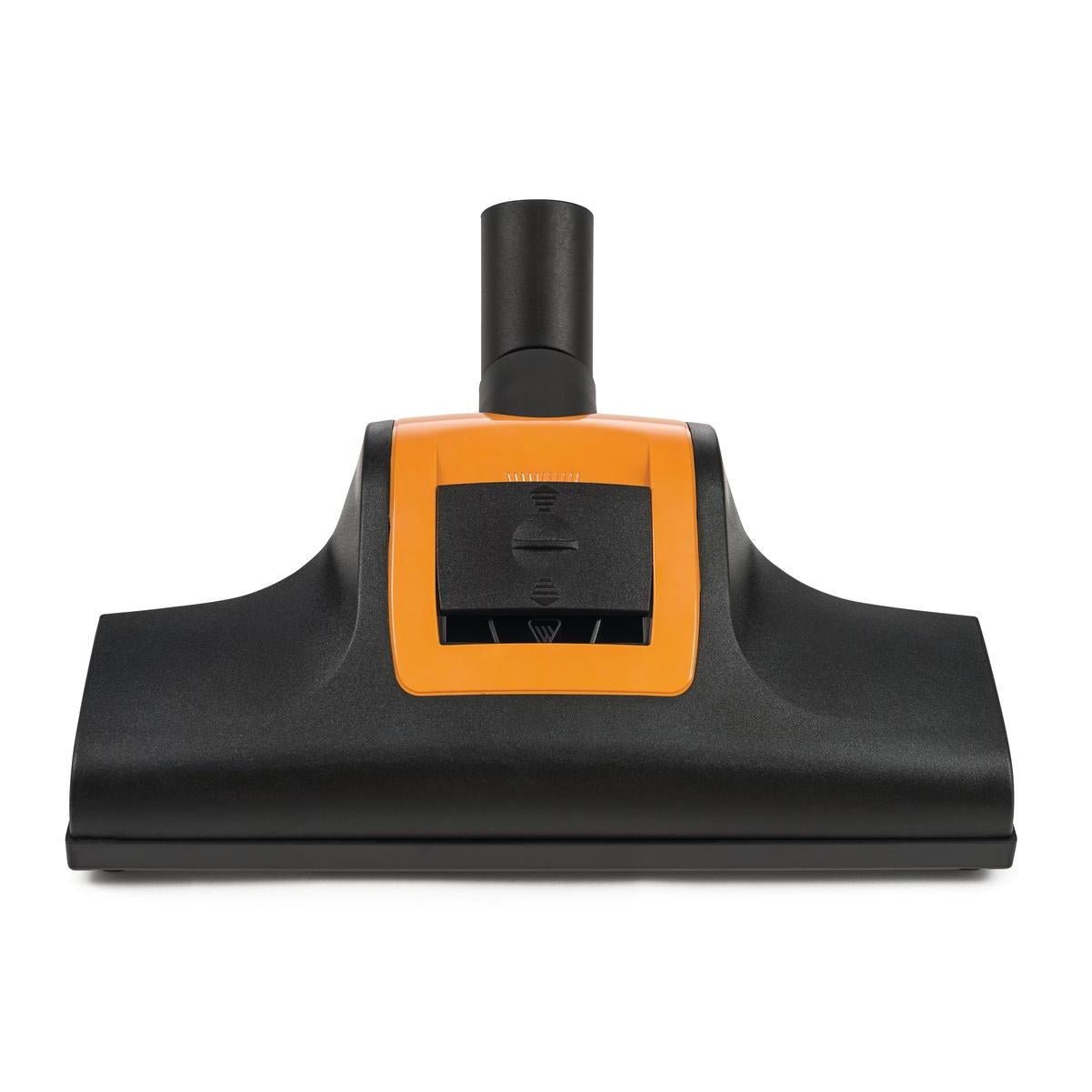 The Diversey TASKI AERO Turbo Vacuum Brush in Black and Orange is equipped with two switches and fits the TASKI AERO models to ensure efficient cleaning. Pictured is a floor head attachment (1 piece) on a white background.