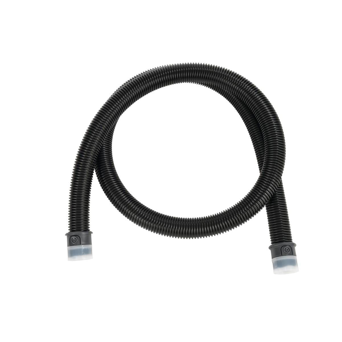 The Diversey TASKI AERO suction hose 2.2m, for TASKI AERO (1 piece) is a black, flexible corrugated hose with plastic connections at both ends, depicted in a loose curve on a white background.