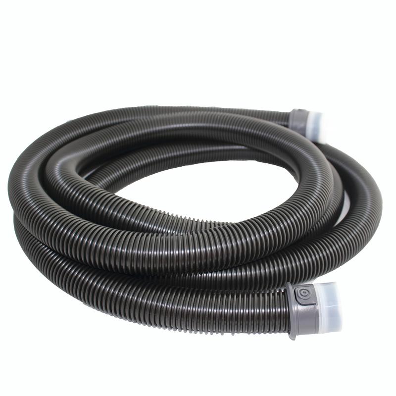 The TASKI AERO suction hose 4.5m from Diversey Deutschland GmbH & Co. OHG, for TASKI AERO models, is a black corrugated plastic hose with gray ends, here coiled on a white background (Package: 1 piece).