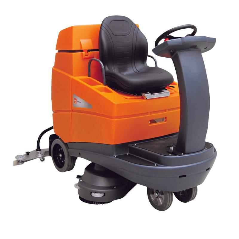 The TASKI swingo 5000 Li-Ion from Diversey is a compact, economical ride-on scrubber dryer with IntelliFlow system and 200Ah battery; a storage space for the charger is located directly on the machine.