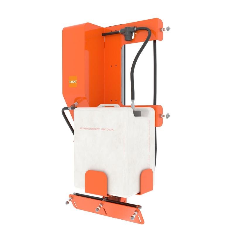 The TASKI IntelliSpray Kit swingo 2100?icro from Diversey Deutschland GmbH & Co. OHG is an orange-white wall device with a rectangular tank, black hoses, and metal fittings - ideal as a professional cleaning system for precise liquid dispensing.