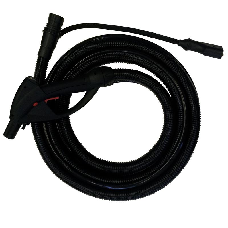 The 4m combination hose for TASKI Steamer from Diversey Deutschland GmbH & Co. OHG with pistol grip is rolled up with nozzle and connection ends and depicted on a white background. Suitable for steam, suction, and cleaning devices.