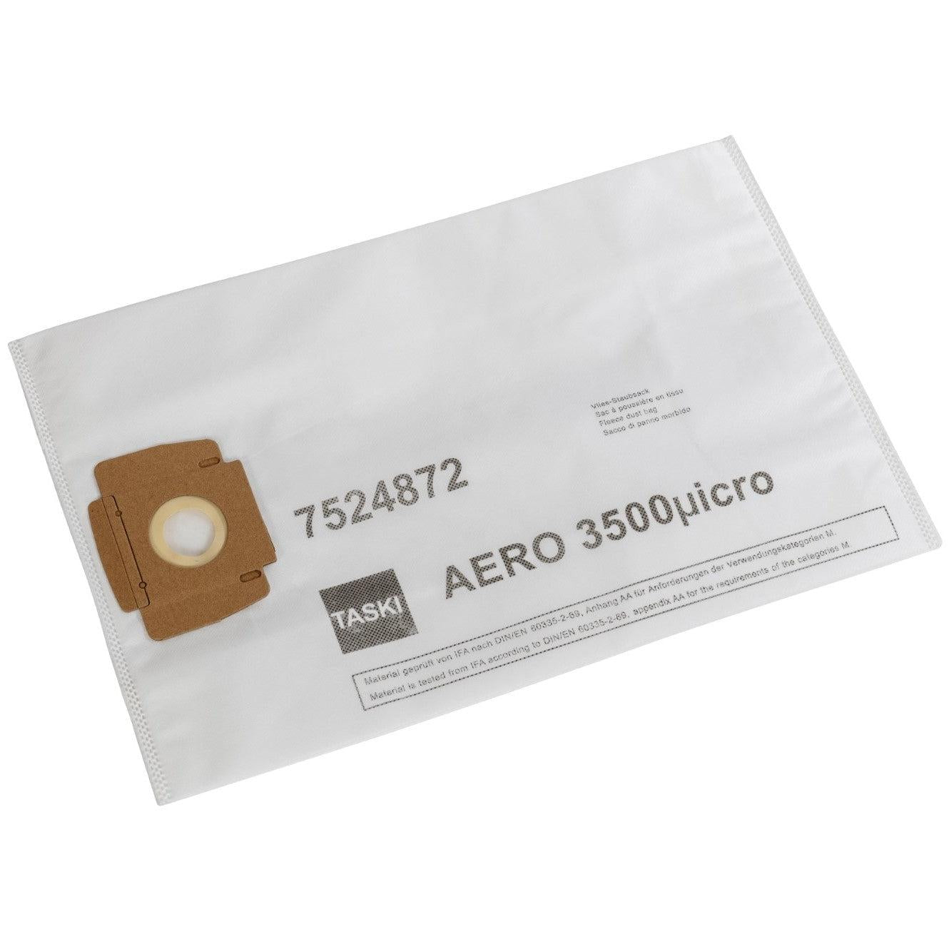 A white fleece dust bag AERO 3500 from Diversey Deutschland GmbH & Co. OHG, with a cardboard collar and a round opening on the left side; labeled with "AERO 3500" and "7524872". Product information on the right side. Sold in boxes with 10 packages.