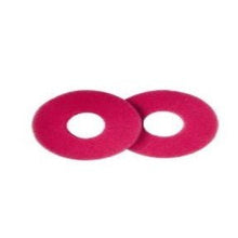Two red, round red floor pads 225mm from Diversey Deutschland GmbH & Co. OHG, pictured side by side - ideal for professional cleaning applications and suitable for TASKI swingo 250µicro. Package: 5 pieces in a box (5 packages).
