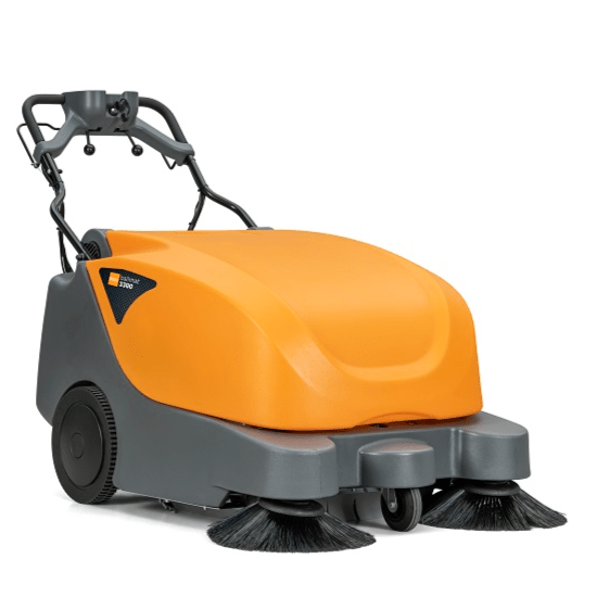 The TASKI balimat 3300 RTU from Diversey is a hand-guided sweeper with 2 roller brushes, 2 side brooms, batteries, and charger - ideal for daily cleaning of medium to large areas indoors and outdoors.