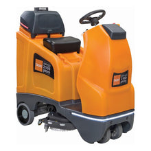 The TASKI swingo 2100µicro Li-Ion from Diversey Germany is a compact ride-on scrubber dryer with a 150Ah Li-Ion battery and external charger, ideal for the efficient cleaning of large indoor floors. Includes seat, steering wheel, brushes, and control panel.