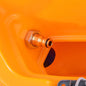 A close-up of a brass quick coupling with a hex nut on orange plastic, showing the Diversey TASKI Aqua fill stop automatic shut-off valve that prevents the fresh water tank from overflowing. A gray plastic part appears at the bottom right.