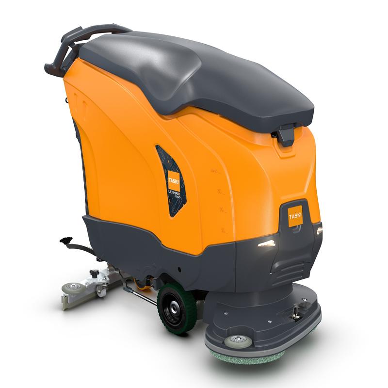 The TASKI ULTIMAXX 2900 DD65 Performance BMS 25A from Diversey Germany is an orange/gray scrubber dryer of the next generation with wheel drive, 63L tank, 65cm double disc, measuring scale, and control panel for improved cleaning efficiency.