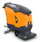 The TASKI ULTIMAXX 2900 OB50 Performance BMS 25A EBU from Diversey Deutschland features a next-generation wheel drive, a 63-liter tank, visible scrubbing technology at the front, an ergonomic handle at the rear, and a bright orange/dark gray design.