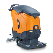 The Diversey TASKI ULTIMAXX 1900 OB50 Performance BMS scrubber dryer (43L tank, 50cm orbital deck) in orange and black with wheels and handle is shown from the back on a white background.