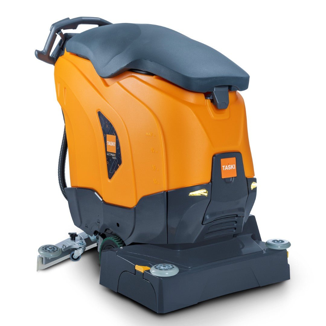 The TASKI ULTIMAXX 1900 RB55 Performance BMS 40A from Diversey Germany is an orange/gray scrubber dryer of the next generation with wheel drive, 43L tank, 55cm double roller, compact design, and visible controls for industrial cleaning.