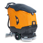 An orange-black TASKI ULTIMAXX 1900 DD55 Performance BMS 25A scrubber dryer of the next generation from Diversey Germany, with a 55cm double disc, wheel drive, control handle, scrubber, and 42L tank on a white background.