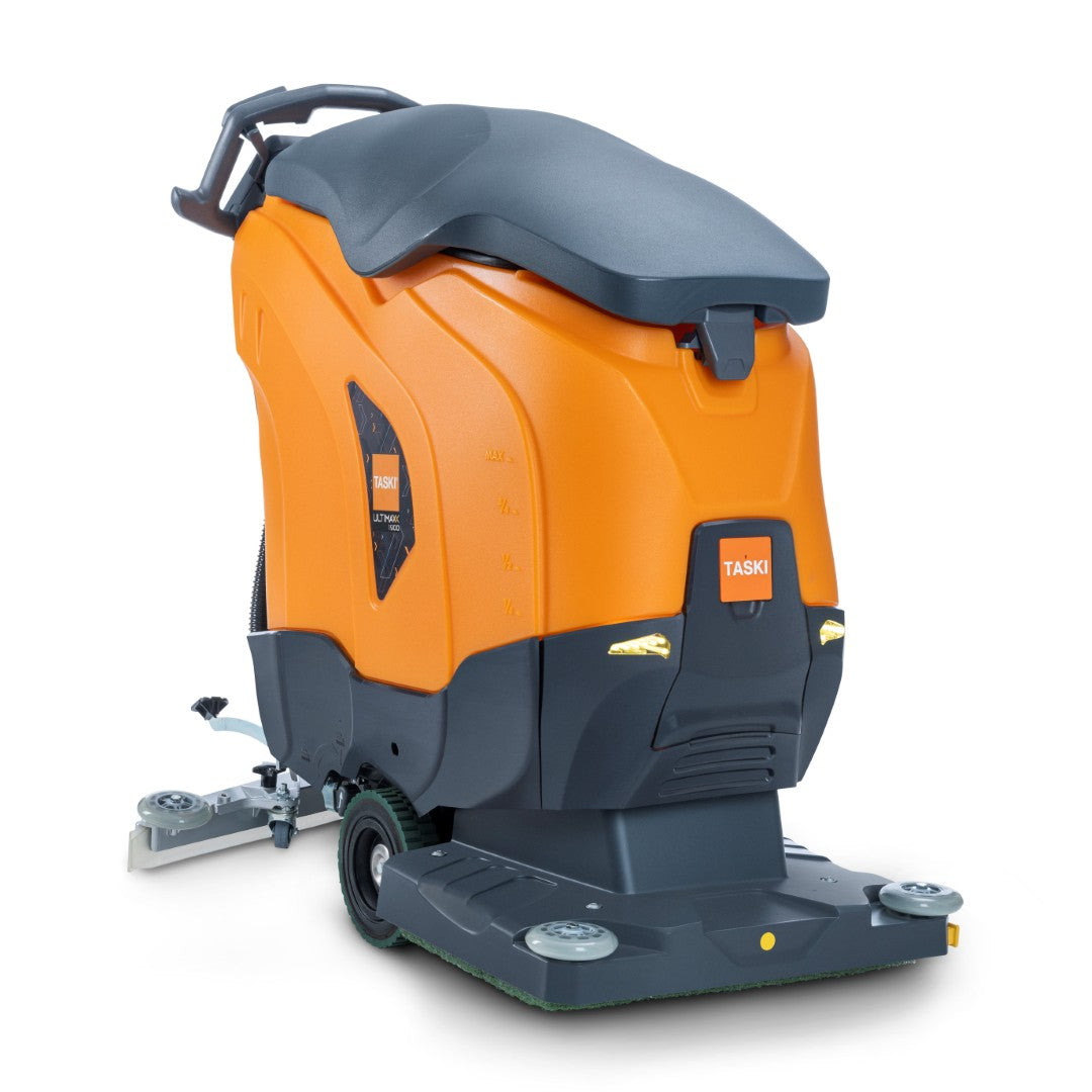 The TASKI ULTIMAXX 1900 OB50 Performance EBU from Diversey Germany is an orange-black scrubber dryer of the next generation with wheel drive, 42L tank, and 50cm orbital deck, shown here from the back on a white background.