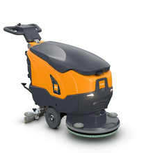 The TASKI ULTIMAXX 900 SD50 P BMS 13A from Diversey Deutschland GmbH & Co. OHG is an innovative, non-powered scrubber-dryer with a 20L tank and 50cm single disc, depicted in orange and gray with wheels and a steering handle on a white background.