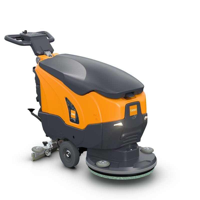 The TASKI ULTIMAXX 900 SD50 BMS 13A gel ready from Diversey Deutschland GmbH & Co. OHG is in the colors orange and gray and features a handle, a control panel, large wheels, and a round cleaning pad on a white background.