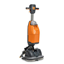 The TASKI swingo 250µicro from Diversey Germany is an ultra-compact, orange-black scrubber-dryer with two round brushes at the base, an upper handlebar, and control buttons on the grip. Package: 1 piece.