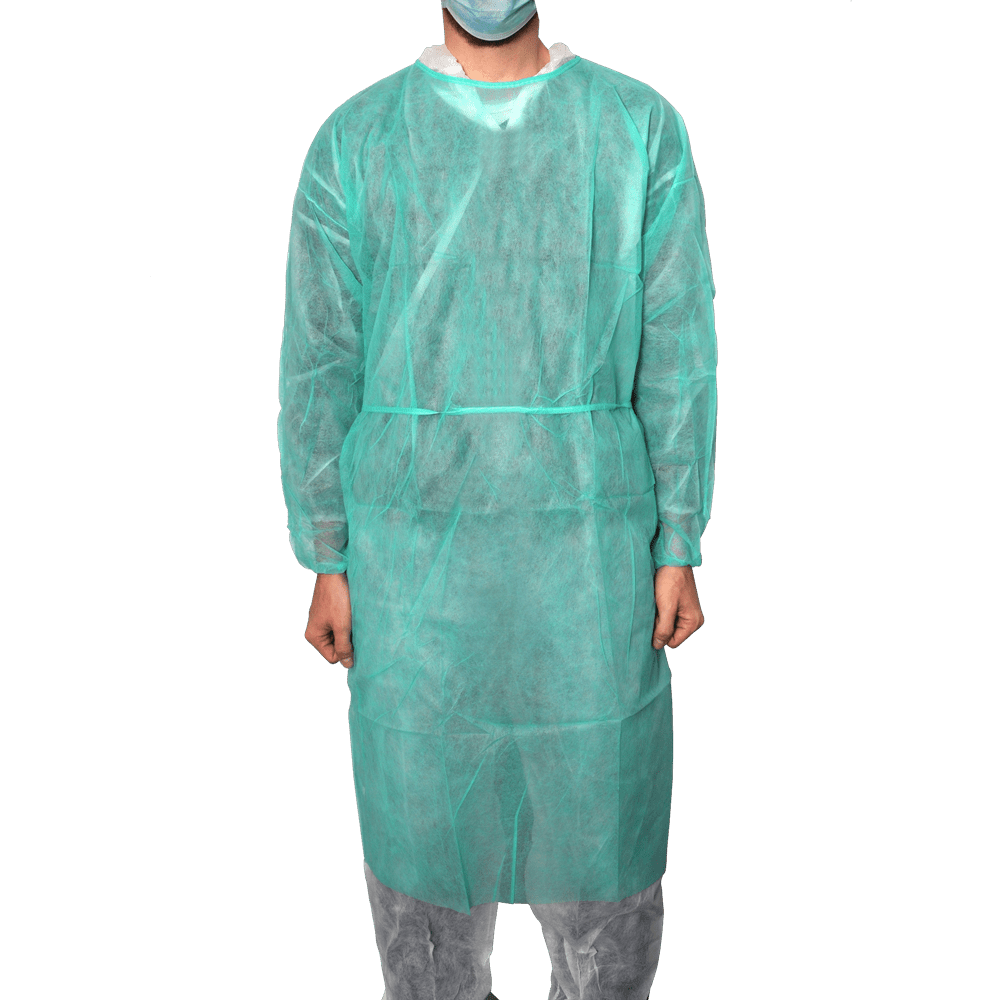 MaiMed-Coat Protect, protective gown made of fleece, green non-sterile, elastic sleeve cuffs, length 120cm, 10 pieces | Pack (10 pieces)