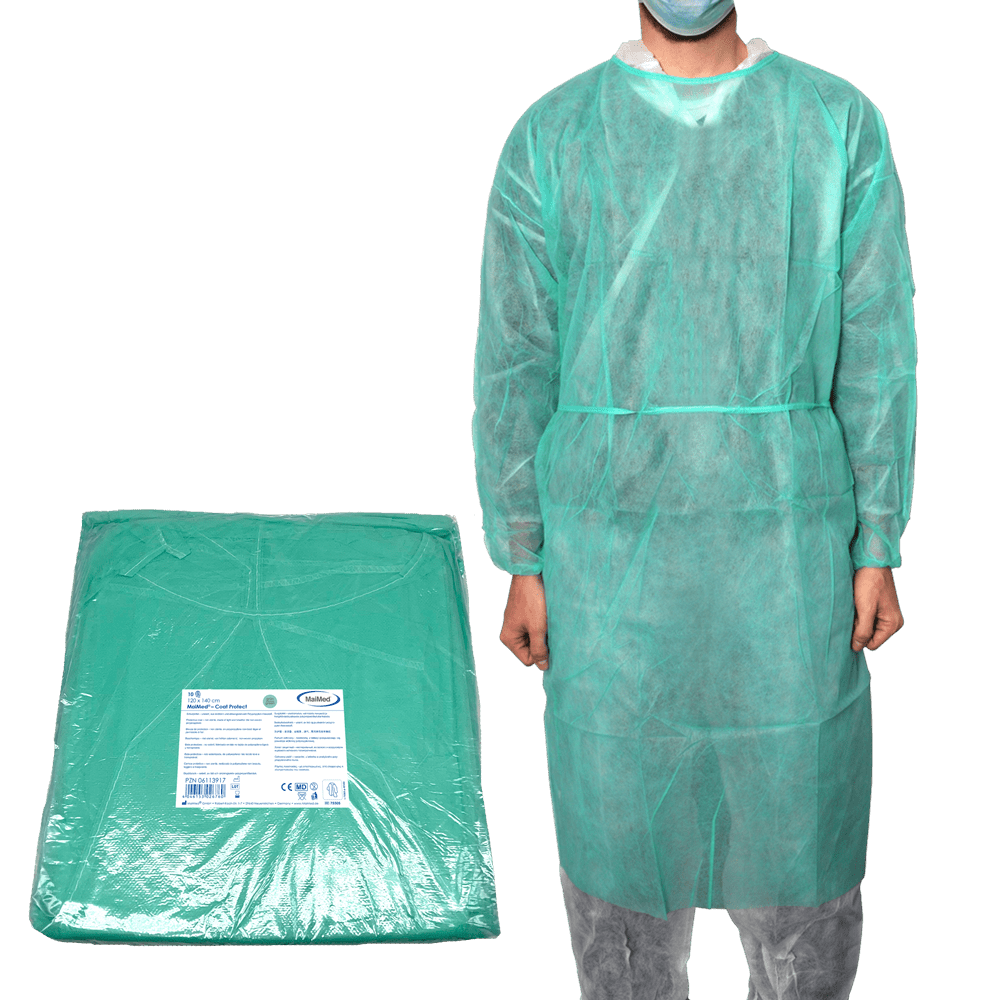 MaiMed-Coat Protect, protective gown made of fleece, green non-sterile, elastic sleeve cuffs, length 120cm, 10 pieces | Pack (10 pieces)
