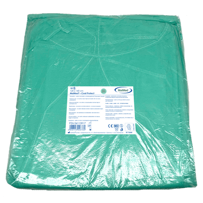 MaiMed-Coat Protect, protective gown made of fleece, green non-sterile, elastic sleeve cuffs, length 120cm, 10 pieces | Pack (10 pieces)