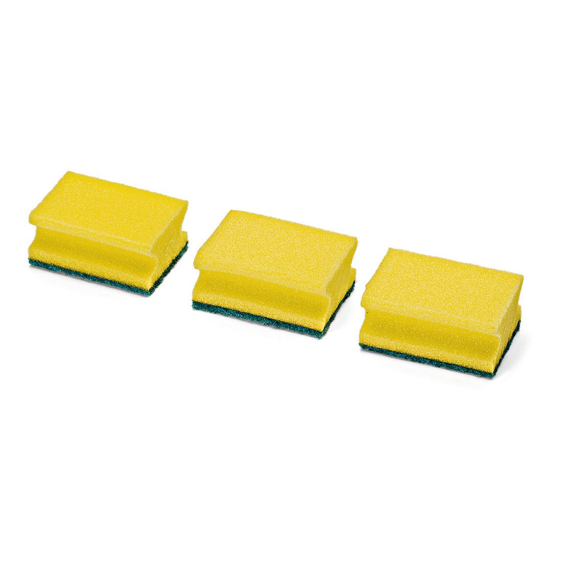 Three Nölle Profi Brush pot cleaners with scouring pad (3-pack, 9x7 cm) kitchen sponges by Nölle Profi Brush Bürsten- & Pinseltechnik e.K. are arranged in a row on a white background.