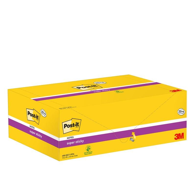 A yellow box with 3M Post-it® Super Sticky Notes, Yellow, 76x127mm, 90 sheets per block, 24 blocks per pack (PEFC-certified), shows the brand logo and product image on the cardboard packaging.