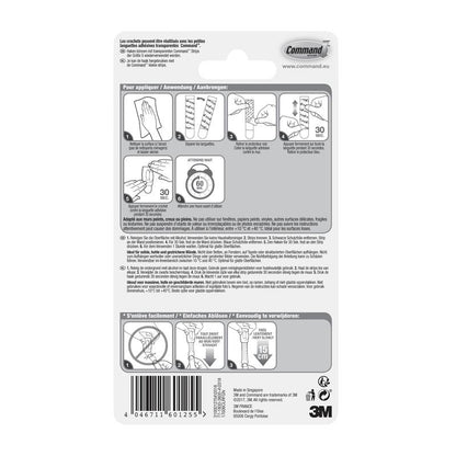 Back of the 3M Command™ Mini Hooks (transparent, 17006CLR) packaging with illustrated steps for applying/removing the transparent strips, multilingual text, and product information. Ideal for transparent hooks or mini hooks.