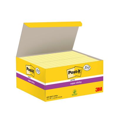 An open yellow box with 3M Post-it® Super Sticky Notes (Yellow, 47.6x47.6mm, 90 sheets/block), promotional pack with 21 blocks plus 3 free blocks, shows the logo and purple-white product details. Made from 100% PEFC-certified paper.
