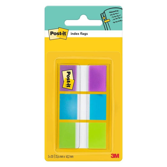 A pack of 3M Post-it® Index Sticky Notes, Standard (25.4 mm x 43.2 mm), containing 60 sticky notes in various colors in a dispenser. Ideal for organizing documents; features Post-it® and 3M Deutschland GmbH branding on the packaging.