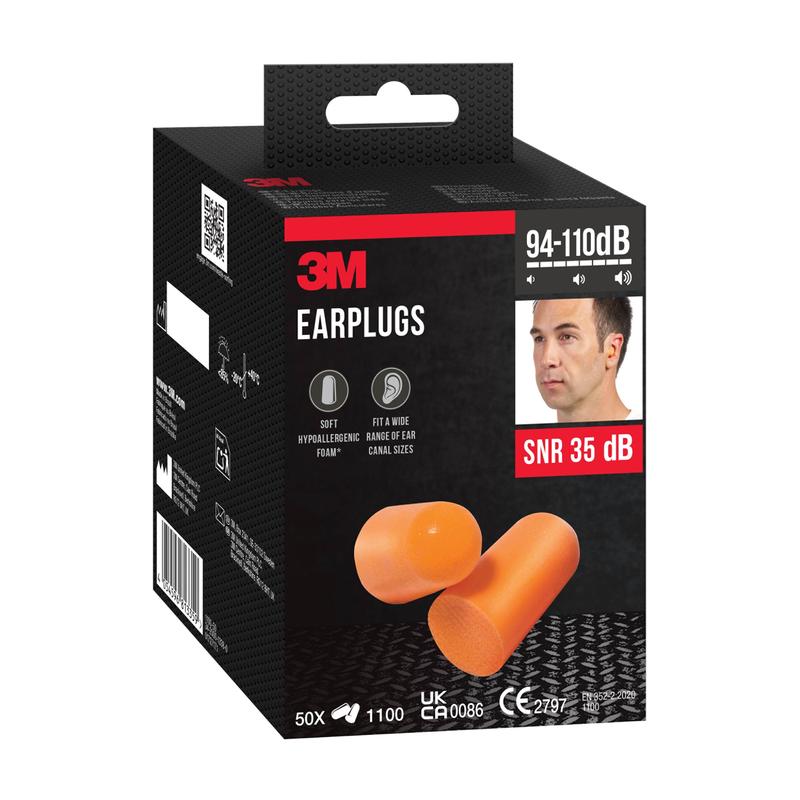A box of 3M™ Earplugs 1100 soft foam (from 3M Deutschland GmbH) in orange, SNR value 35 dB, with product information, safety certificates, and an image of a person wearing the earplugs.