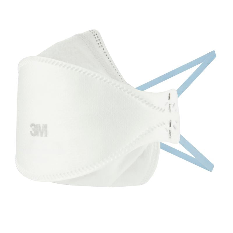The 3M™ Aura™ Comfort Particulate Respirator 9320+, FFP2, without valve (1 piece), from 3M Deutschland GmbH, is shown unused with blue ear bands and a slight middle fold on a white background.