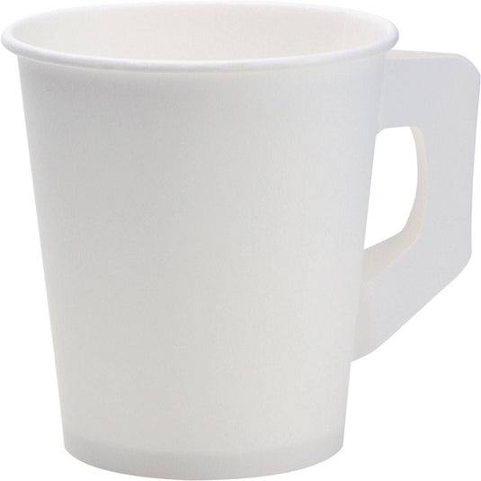A white cup with a handle made of PAP/PE from Duni GmbH, pack of 80 pieces, against a white background. The disposable cup appears empty.