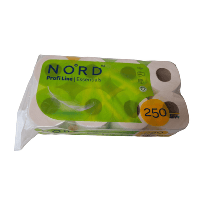 A plastic-wrapped package of CUP UP d.o.o. toilet paper, 2-ply, 250 sheets, with eight visible rolls per package and green labeling. The text highlights the two-ply quality and indicates that it is made from 100% cellulose.