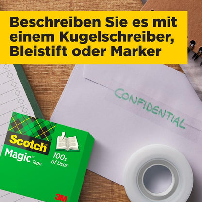 A Scotch® Magic™ Invisible Tape Value Pack (24 rolls, 19 mm x 33 m) from 3M Deutschland GmbH, a checklist, and a "CONFIDENTIAL" envelope lie on wood, with a yellow banner with German text about pens and markers above.