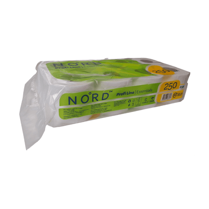 A plastic-wrapped package of CUP UP d.o.o. toilet paper, 2-ply, 250 sheets, 8 rolls | Carton (8 packages). The white-green packaging displays product details and branding. Each roll contains 250 sheets.