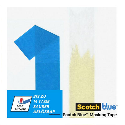 A strip of blue painter's tape forms a "1" next to a solid-colored tape strip. German text and logos show that it is ScotchBlue™ Painter's Tape "Multi-Surface" by 3M Deutschland GmbH, which is removable for up to 14 days.