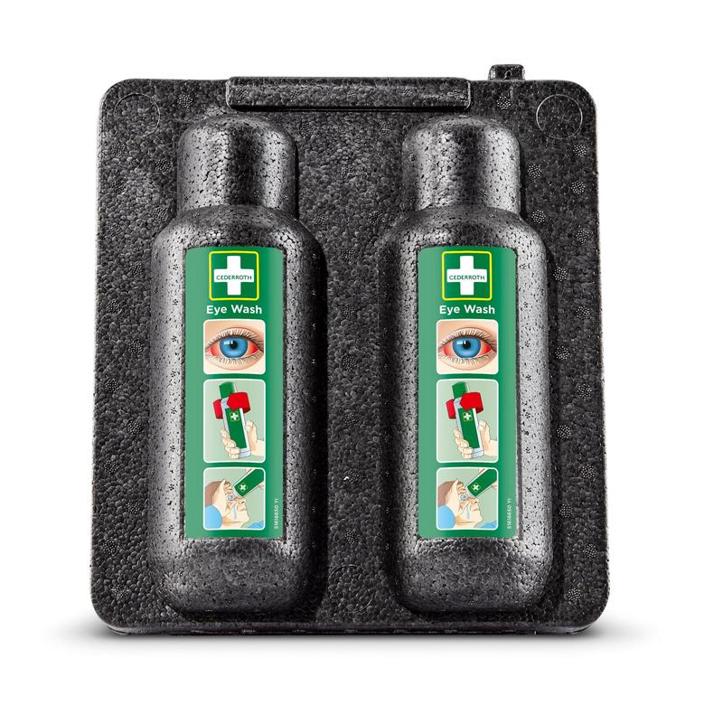 The Orkla Wound Care AB warming cabinet for eye rinse 500x2 (1 pack) contains two eye rinse bottles in a black tray, each with a green label and illustrated instructions - perfect for first aid treatment of eye injuries.