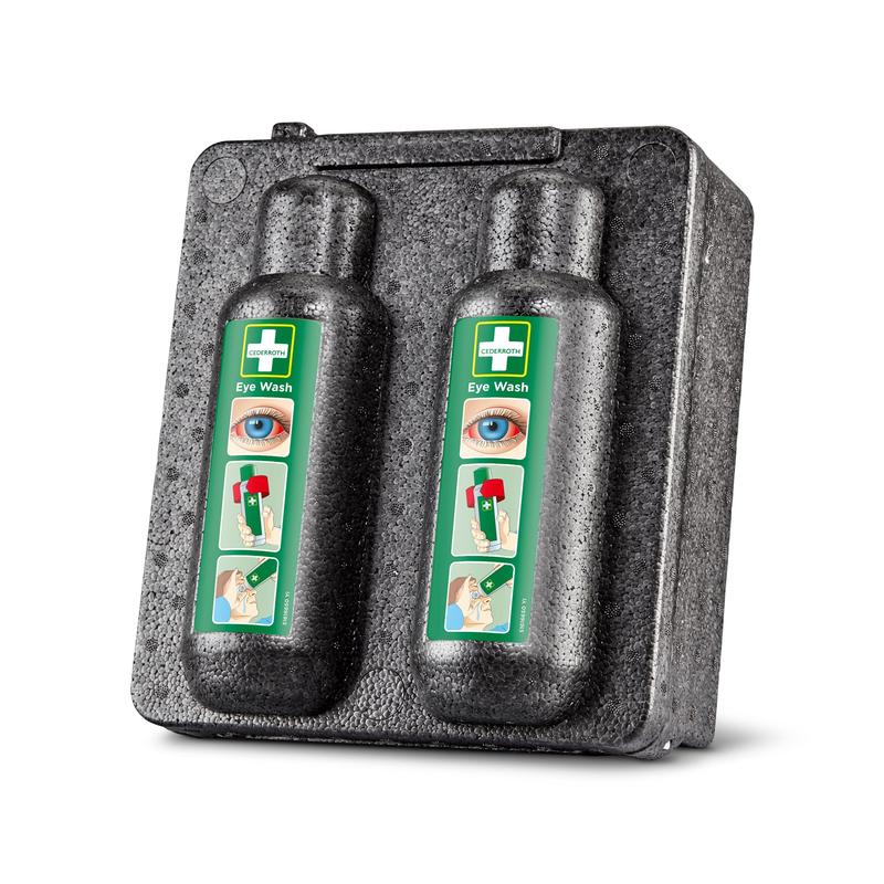 The Orkla Wound Care AB warming cabinet for eye rinse 500x2 (1 pack) holds two eye rinse bottles with green pictogram labels and provides safe storage and quick access for first aid eye injuries in emergencies.