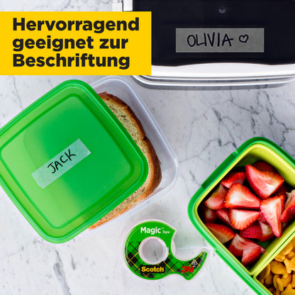 A "JACK" lunchbox, a fruit container, and a partially visible "OLIVIA" box appear with Scotch® Magic™ Invisible Tape 8-1915R3/2 promotional pack (19 mm x 15 m, 2+1 free roll) from 3M Deutschland GmbH and yellow German labeling text.